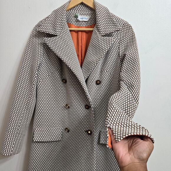 Judy Wayne Womens Vintage 60s Mod Diamond Knit Double Breasted Brown Overcoat 13 - Picture 2 of 12